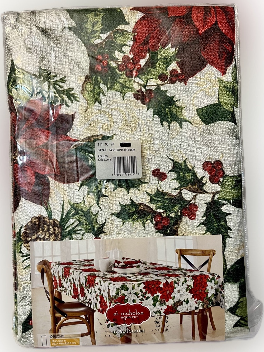 St. Nicholas Square Christmas Tablecloth Oblong 60x84 NWT Poinsettia Holly